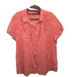 Eddie Bauer Women's XL Coral Pink Floral Ruffle Button Down Blouse Short Sleeve